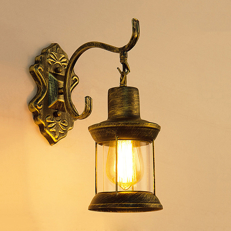 BowLift | 1 Light Bulb Kerosene Wall Mounted Light Rustic Style Aged Bronze Clear Glass Lighting with Engraved Pattern