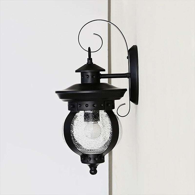 BowLift | 1 Light Seedy Glass Wall Light Rustic Black Lantern Bedroom Lighting Fixture