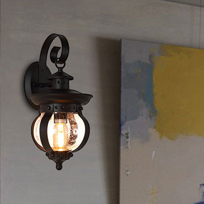 BowLift | 1 Light Seedy Glass Wall Light Rustic Black Lantern Bedroom Lighting Fixture