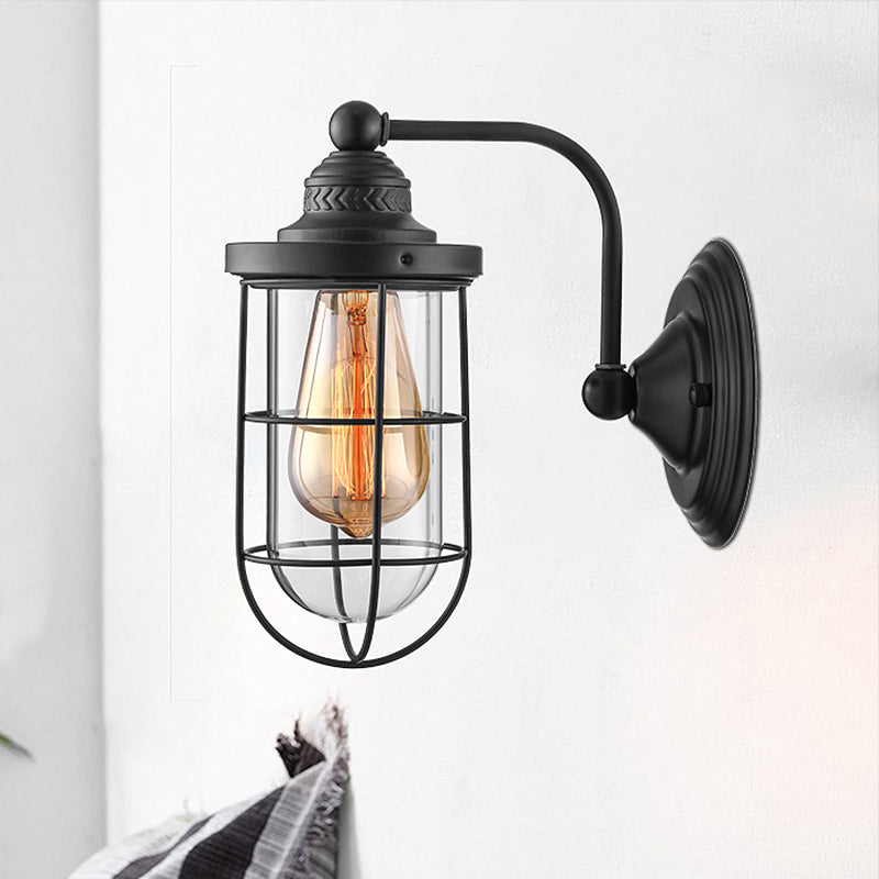 BowLift | Industrial wire cage wall lighting 1/2-lamp clear glass wall lamp in black for stairs.