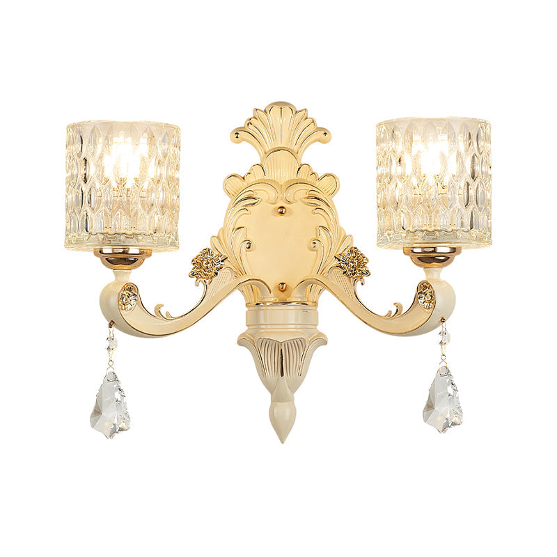 BowLift | Cylinder Wall Light Modern Clear Dimpled Glass 1/2 Heads Gold Wall Mounted Light with Crystal Drops