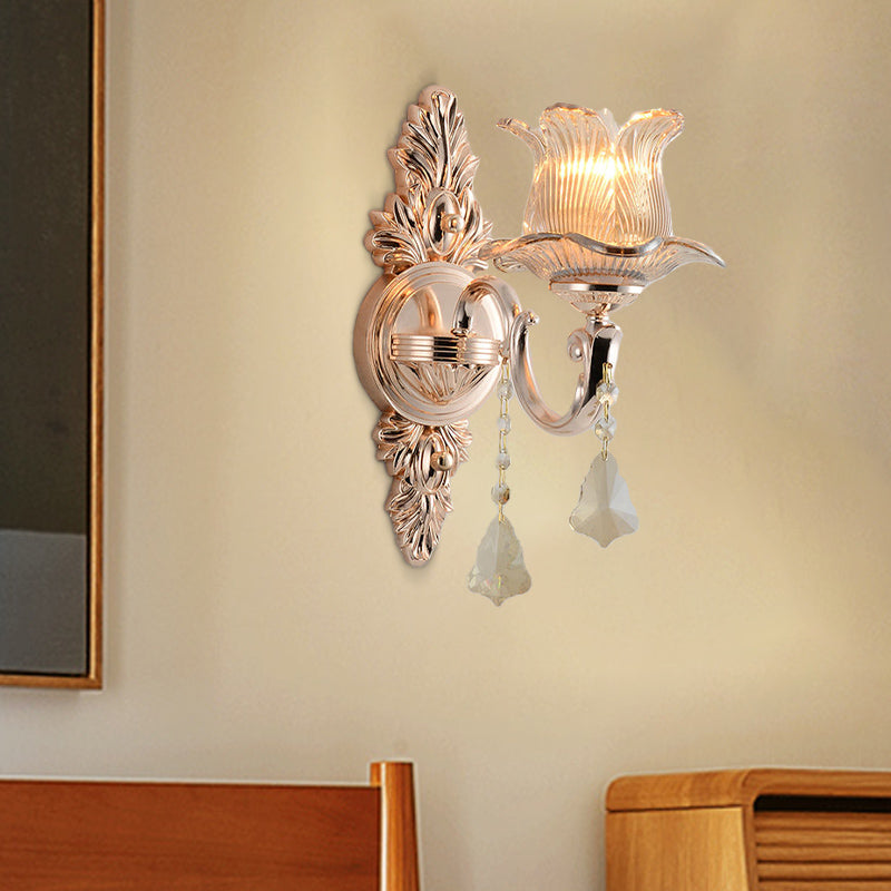 BowLift | Flower Wall Mounted Light Source Modern Prism Glass 1/2 Heads Brass Wall Lamp with Crystal Drop Accent