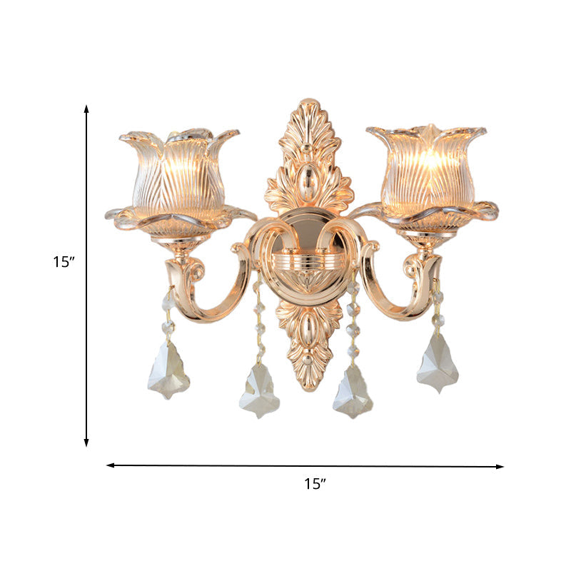 BowLift | Flower Wall Mounted Light Source Modern Prism Glass 1/2 Heads Brass Wall Lamp with Crystal Drop Accent