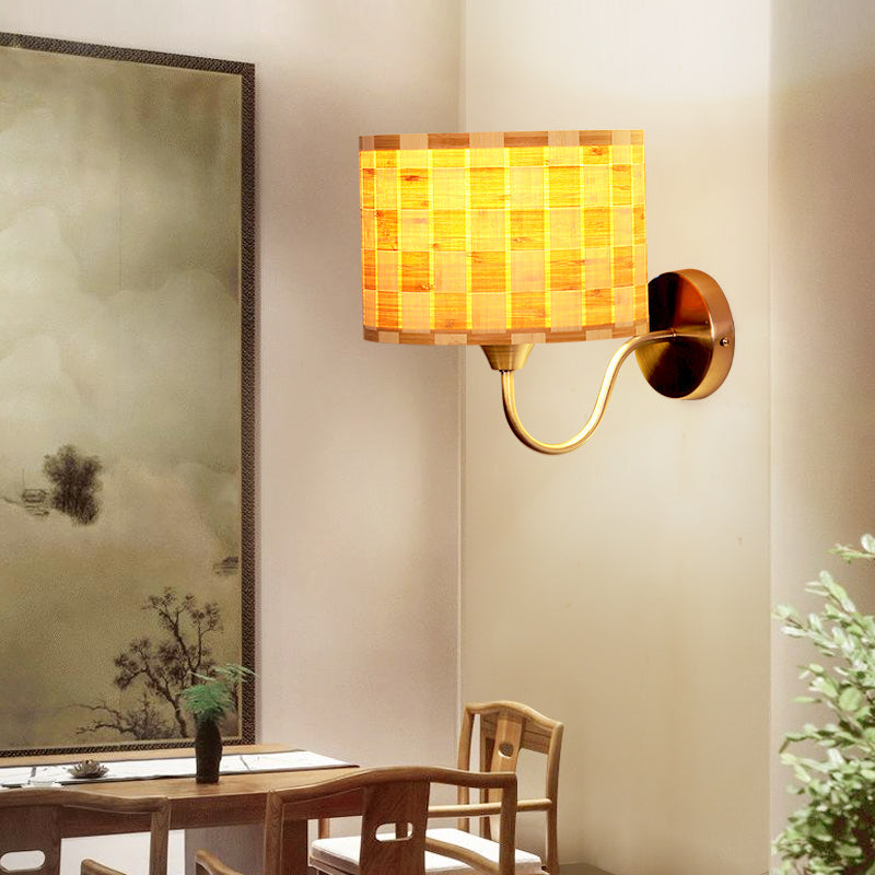 BowLift | Drum Wall Lighting Traditional Bamboo 1 Lamp Wooden Sconce Lighting Fixture for Dining Room