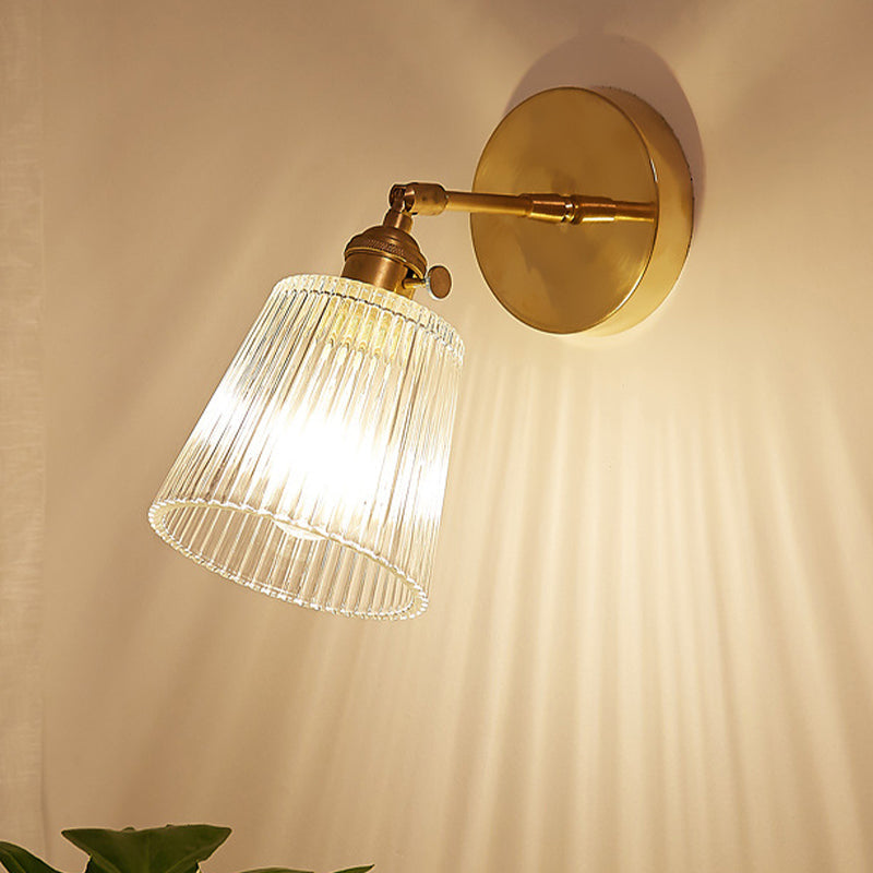 BowLift | 1 Light Clear Ribbed Glass Wall Lamp Light Industrial Brass Cone Living Room Lighting Fixture