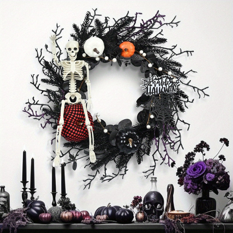 BowLift | Halloween Door Wreath with Skeleton and Pumpkin – Atmospheric Seasonal Decoration