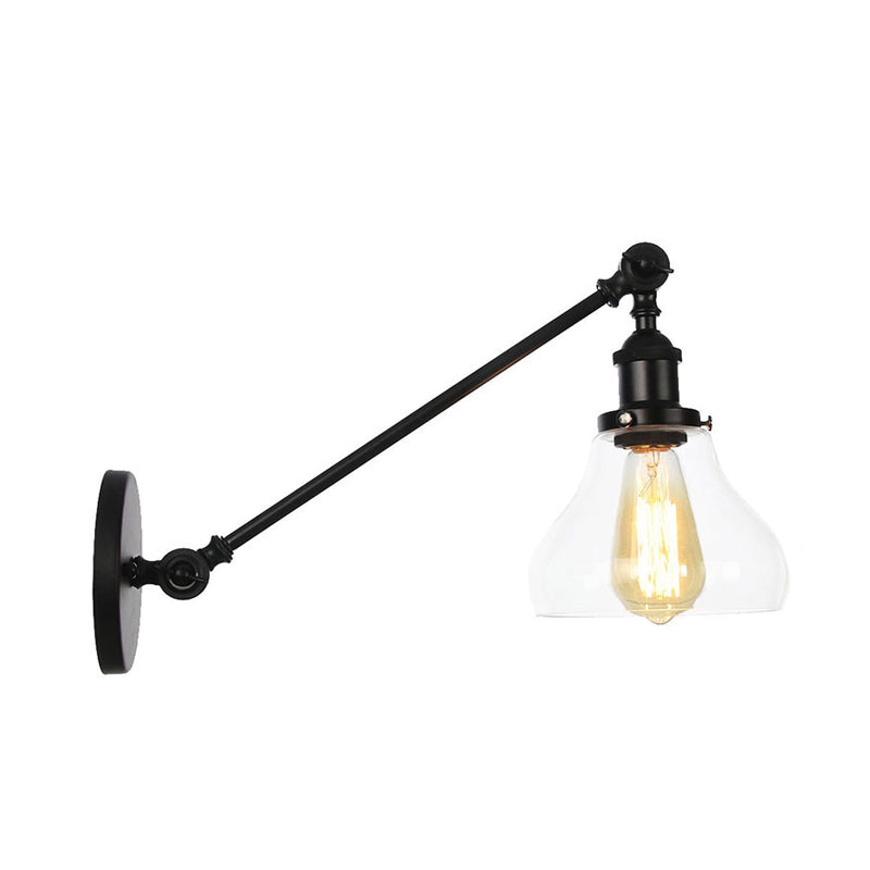 BowLift | 1 Light Indoor Lighting Fixture Farmhouse Black/Bronze/Brass Wall Lamp with Pear Clear Glass Shade, 8"/12" L Arm