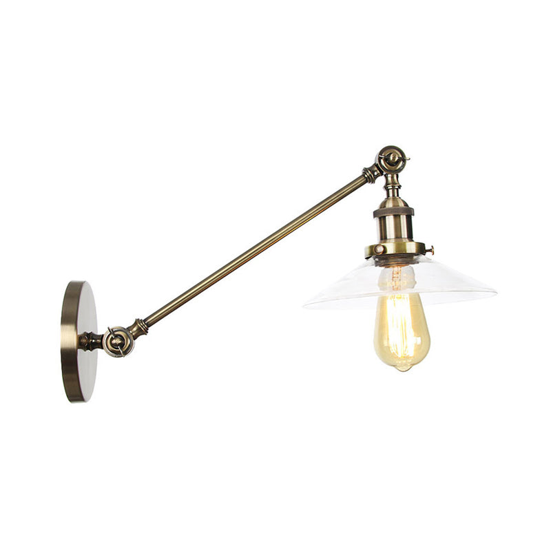 BowLift | 1 Light Indoor Wall Lamp Vintage Black/Brass/Bronze Lighting Fixture with Cone Transparent Glass Shade, 8"/12" L Arm