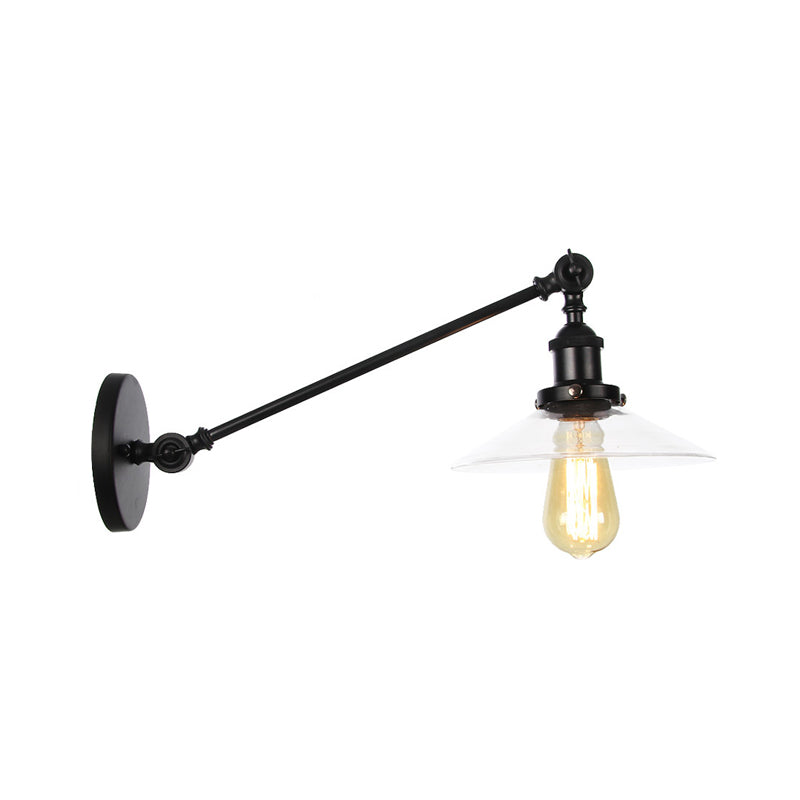 BowLift | 1 Light Indoor Wall Lamp Vintage Black/Brass/Bronze Lighting Fixture with Cone Transparent Glass Shade, 8"/12" L Arm