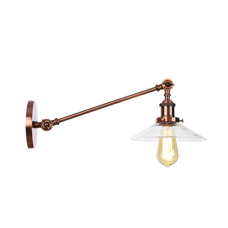 BowLift | 1 Light Indoor Wall Lamp Vintage Black/Brass/Bronze Lighting Fixture with Cone Transparent Glass Shade, 8"/12" L Arm