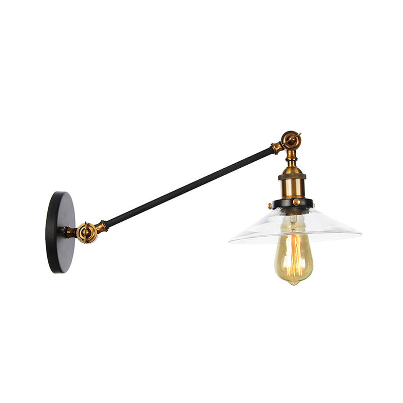 BowLift | 1 Light Indoor Wall Lamp Vintage Black/Brass/Bronze Lighting Fixture with Cone Transparent Glass Shade, 8"/12" L Arm