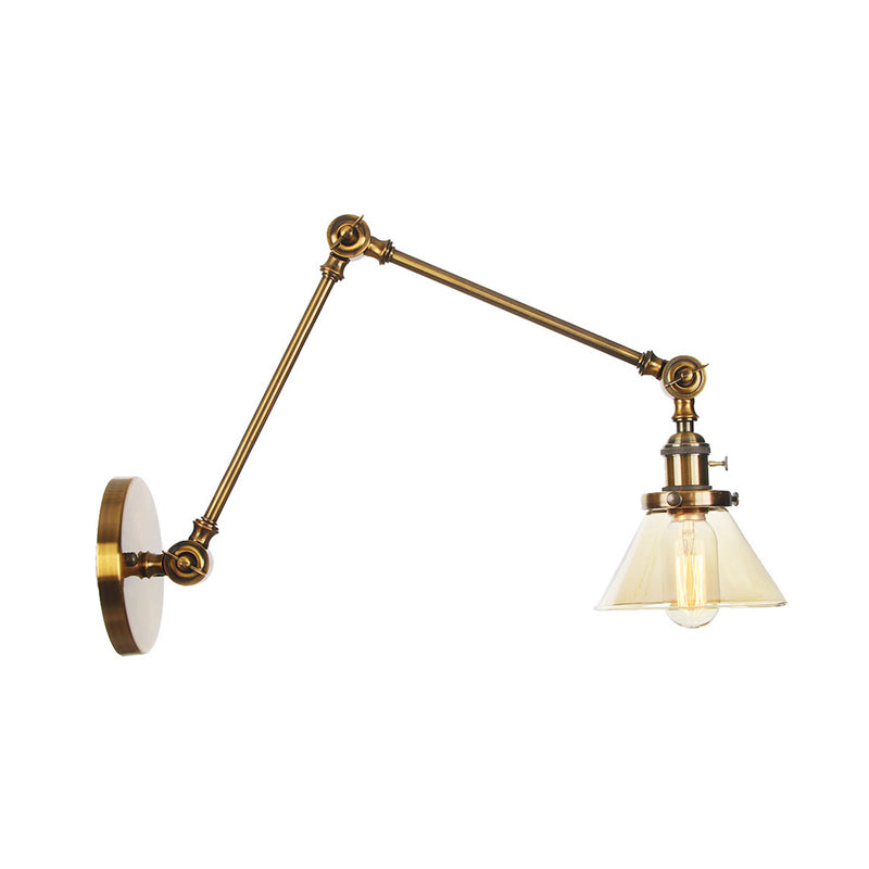 BowLift | 1 Light Wall Lamp Industrial Cone Clear/Amber Glass Wall Lamp in Black/Bronze/Brass with Adjustable Arm, 8“+8"/8"+8"+8" Long