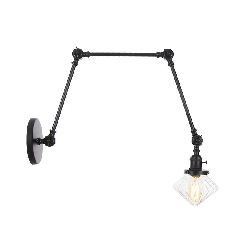 BowLift | 1 Light Dining Room Wall Lamp Vintage Black/Bronze/Brass Wall Mounted Lamp with Diamond Clear/Amber Glass Shade, 8"+8"/8"+8"+8" L Adjustable Arm