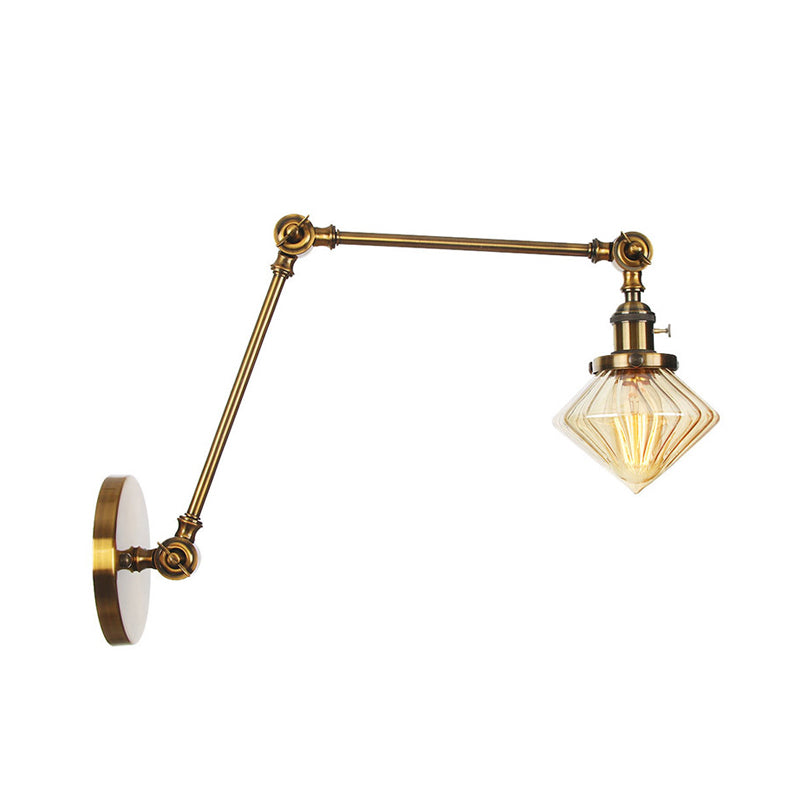 BowLift | 1 Light Dining Room Wall Lamp Vintage Black/Bronze/Brass Wall Mounted Lamp with Diamond Clear/Amber Glass Shade, 8"+8"/8"+8"+8" L Adjustable Arm