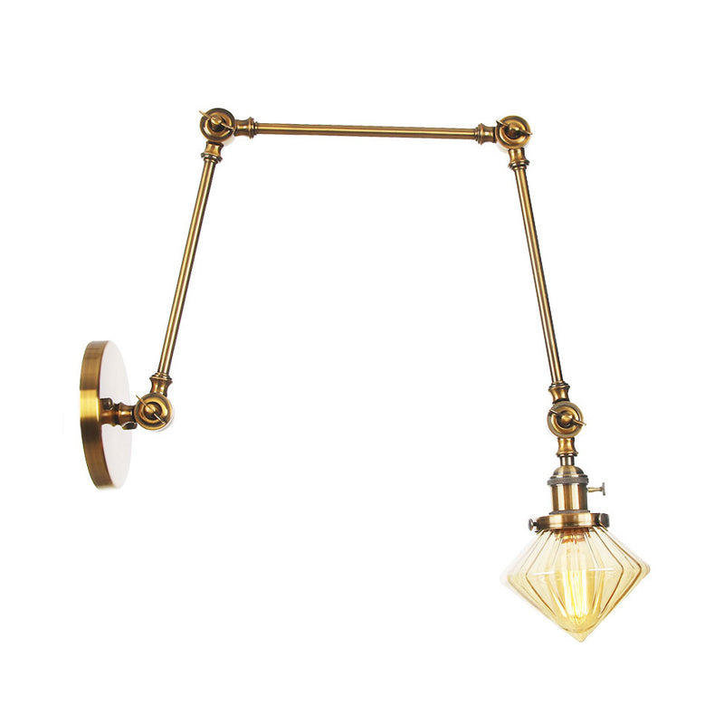BowLift | 1 Light Dining Room Wall Lamp Vintage Black/Bronze/Brass Wall Mounted Lamp with Diamond Clear/Amber Glass Shade, 8"+8"/8"+8"+8" L Adjustable Arm