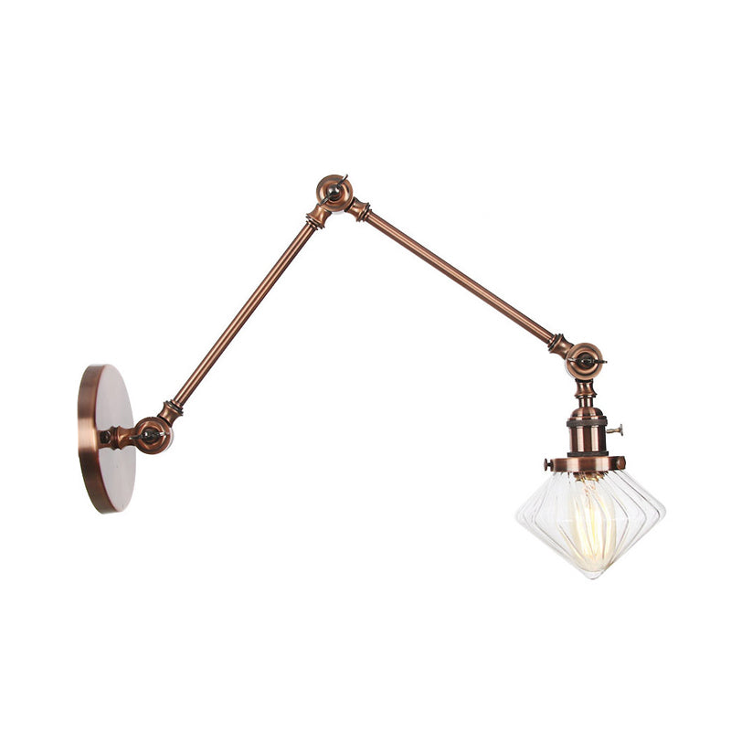 BowLift | 1 Light Dining Room Wall Lamp Vintage Black/Bronze/Brass Wall Mounted Lamp with Diamond Clear/Amber Glass Shade, 8"+8"/8"+8"+8" L Adjustable Arm