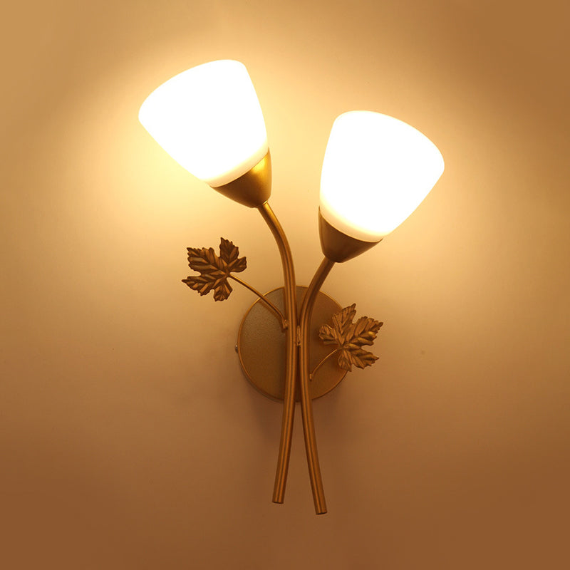 BowLift | Floral Wall Lamp Modernist Milk Glass 2 Light Sources Black/Gold Wall Light with Metal Leaf