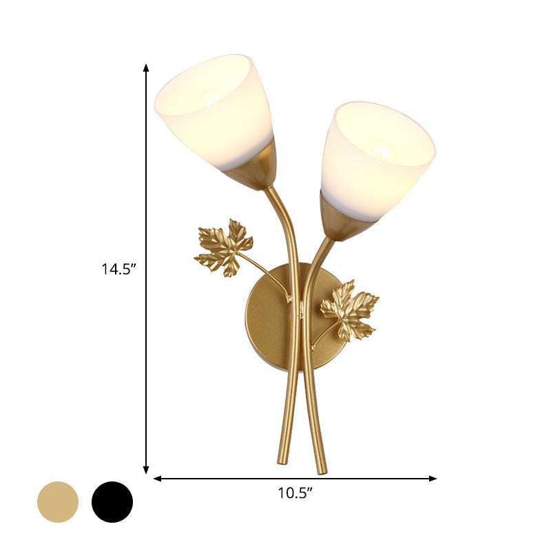 BowLift | Floral Wall Lamp Modernist Milk Glass 2 Light Sources Black/Gold Wall Light with Metal Leaf