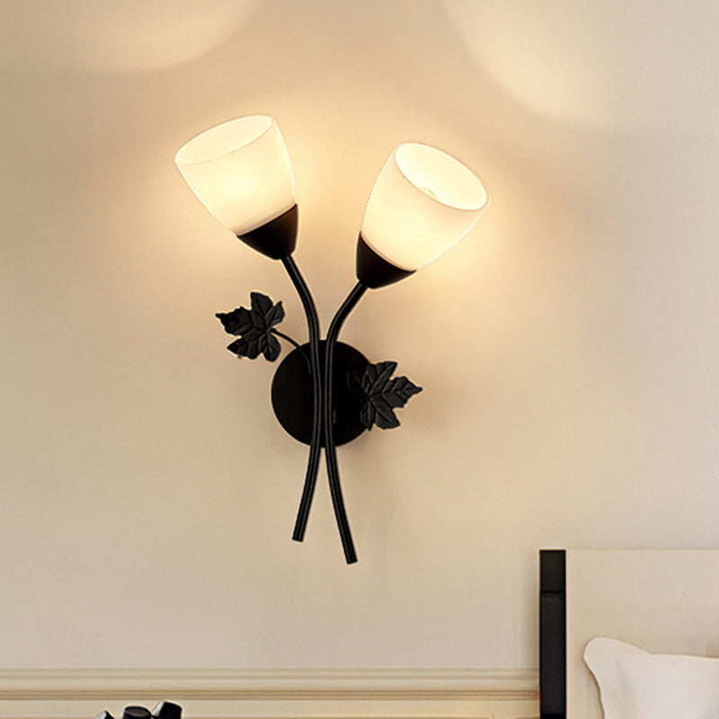 BowLift | Floral Wall Lamp Modernist Milk Glass 2 Light Sources Black/Gold Wall Light with Metal Leaf
