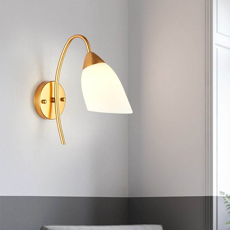 BowLift | 1 Head Bedroom Wall Lamp Modernism Gold Wall Mounted Light with Flare White Glass Shade