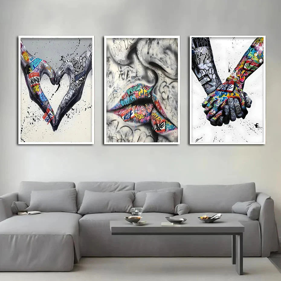 BowLift | 3PCS Modern Love Hand in Hand Kiss the Kiss Poster Graffiti Banksy Street Wall Art Canvas Painting Prints Pictures Room Decoration