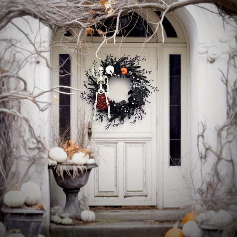 BowLift | Halloween Door Wreath with Skeleton and Pumpkin – Atmospheric Seasonal Decoration