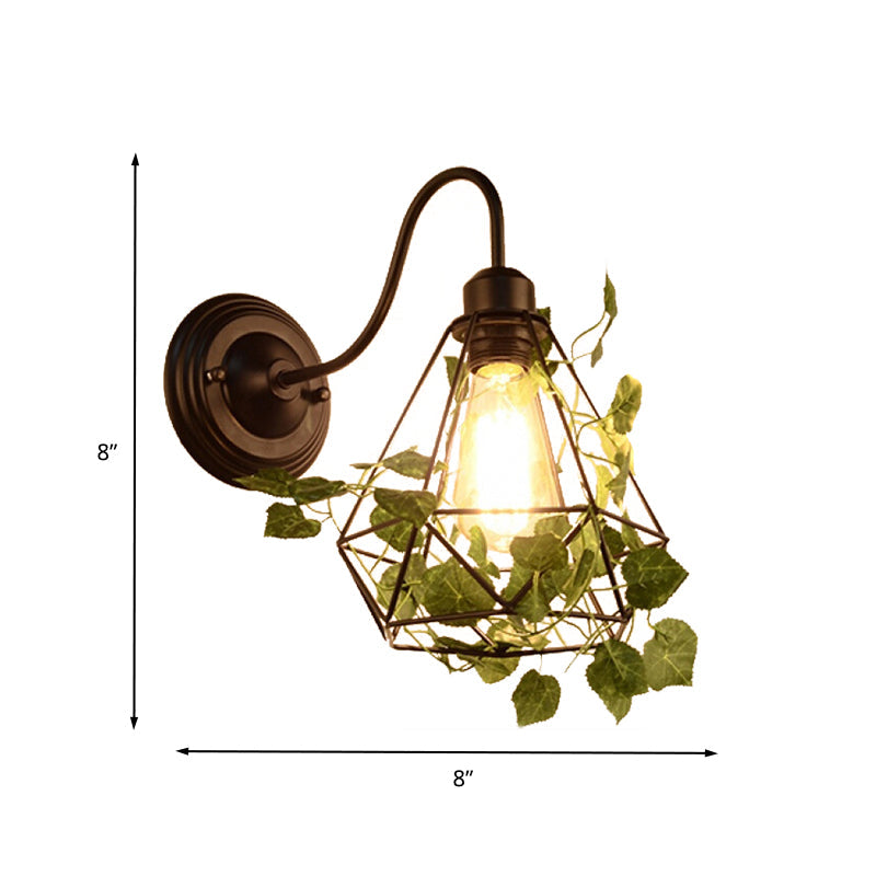 BowLift | 1 Light Wall Lighting Fixture Industrial Diamond / Globe / Square Metal LED Wall Lamp Sconces in Black with Plants
