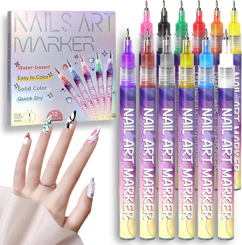 BowLift | 12 Colors Nail Art Pens — Acrylic Nail Design Set with Fine Tip