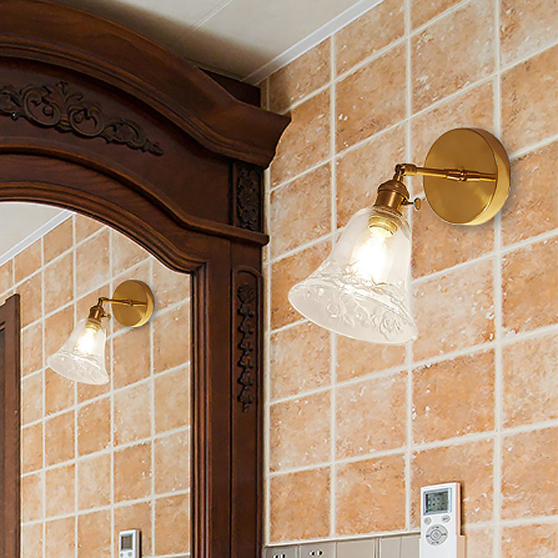 BowLift | 1 Light Clear Glass Wall Scone Light Rustic Brass Bell Bedroom Lighting Fixture with Flower