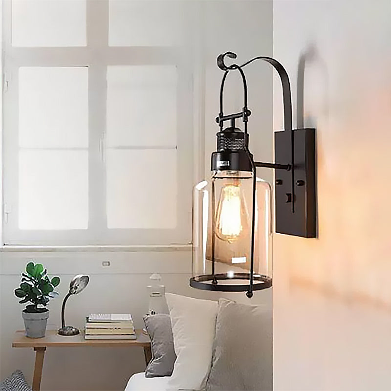 BowLift | Cylinder clear glass wall-mounted lamp industrial single bulb living room wall sconce in black/white/rust with cage