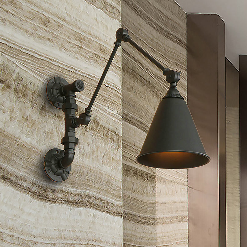 BowLift | 1 Bulb Swing Arm Wall Lamp Lighting Industrial Black Metal Wall Mount Light with Cone Shade