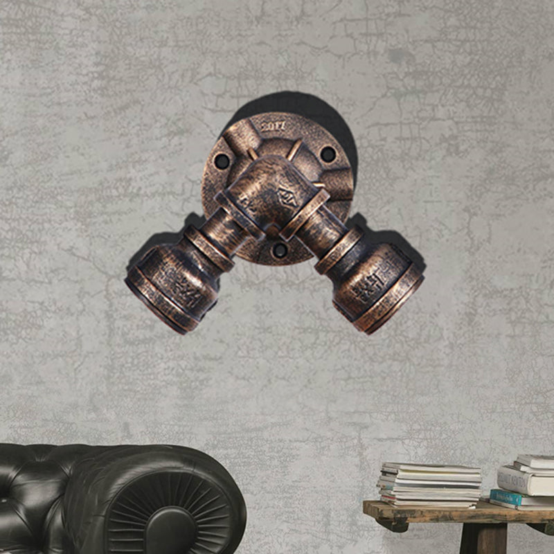 BowLift | 2 Heads Wall Lamp Fixture with Pipe Forged Iron Shade Rustic Style Living Room Wall Lamp Light in Aged Bronze