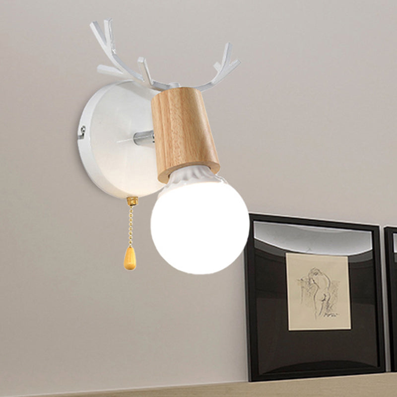 BowLift | 1 Light Bare Bulb Wall Lamp Modern Style Black/White Finish Metal and Wood Wall Lighting with Deer Side