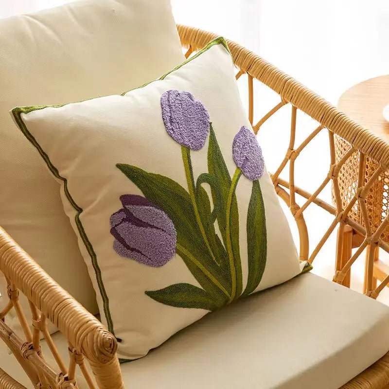 BowLift | Floral Embroidered Tulip & Orchid Cushion Cover
