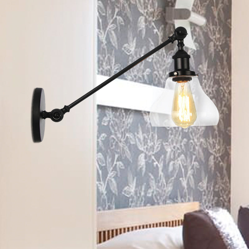 BowLift | 1 Light Indoor Lighting Fixture Farmhouse Black/Bronze/Brass Wall Lamp with Pear Clear Glass Shade, 8"/12" L Arm