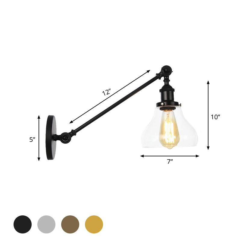 BowLift | 1 Light Indoor Lighting Fixture Farmhouse Black/Bronze/Brass Wall Lamp with Pear Clear Glass Shade, 8"/12" L Arm