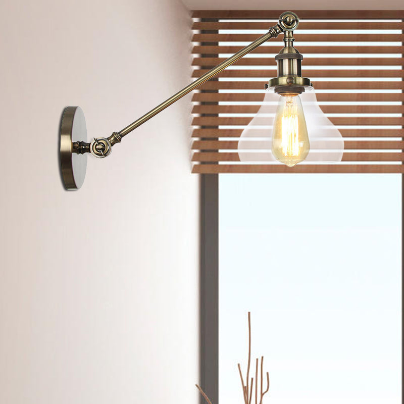 BowLift | 1 Light Indoor Lighting Fixture Farmhouse Black/Bronze/Brass Wall Lamp with Pear Clear Glass Shade, 8"/12" L Arm
