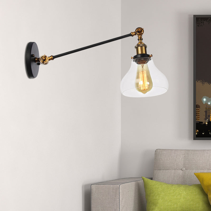 BowLift | 1 Light Indoor Lighting Fixture Farmhouse Black/Bronze/Brass Wall Lamp with Pear Clear Glass Shade, 8"/12" L Arm