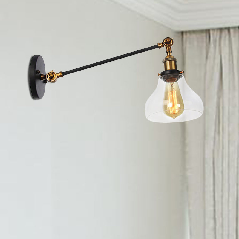 BowLift | 1 Light Indoor Lighting Fixture Farmhouse Black/Bronze/Brass Wall Lamp with Pear Clear Glass Shade, 8"/12" L Arm