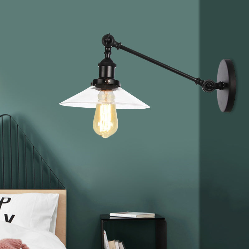 BowLift | 1 Light Indoor Wall Lamp Vintage Black/Brass/Bronze Lighting Fixture with Cone Transparent Glass Shade, 8"/12" L Arm
