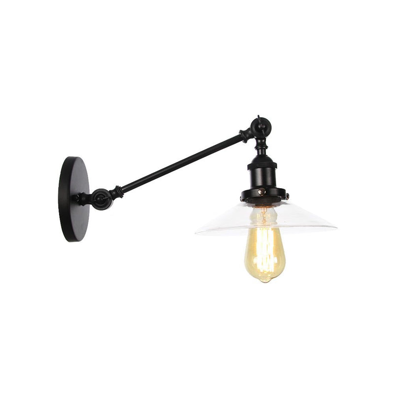 BowLift | 1 Light Indoor Wall Lamp Vintage Black/Brass/Bronze Lighting Fixture with Cone Transparent Glass Shade, 8"/12" L Arm