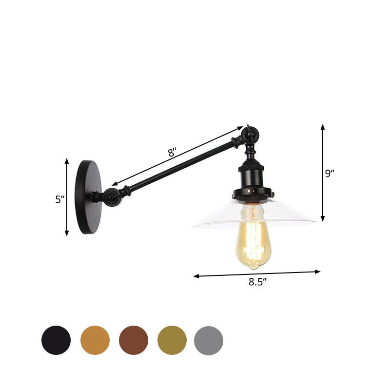 BowLift | 1 Light Indoor Wall Lamp Vintage Black/Brass/Bronze Lighting Fixture with Cone Transparent Glass Shade, 8"/12" L Arm