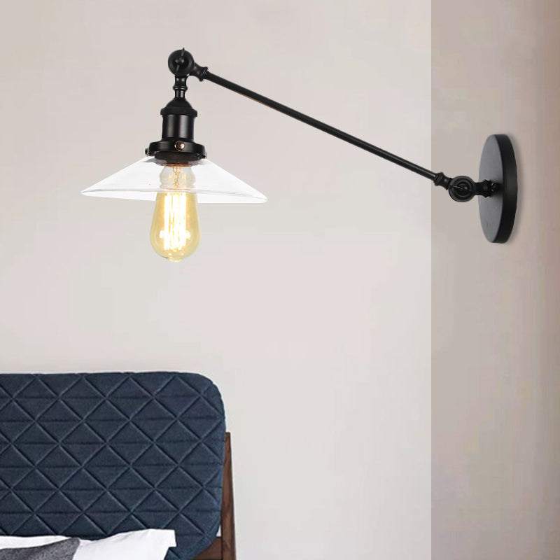 BowLift | 1 Light Indoor Wall Lamp Vintage Black/Brass/Bronze Lighting Fixture with Cone Transparent Glass Shade, 8"/12" L Arm
