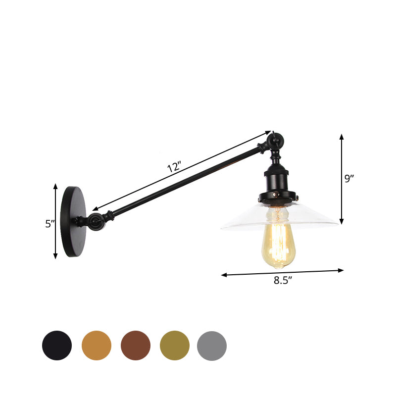 BowLift | 1 Light Indoor Wall Lamp Vintage Black/Brass/Bronze Lighting Fixture with Cone Transparent Glass Shade, 8"/12" L Arm
