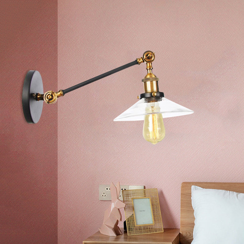 BowLift | 1 Light Indoor Wall Lamp Vintage Black/Brass/Bronze Lighting Fixture with Cone Transparent Glass Shade, 8"/12" L Arm