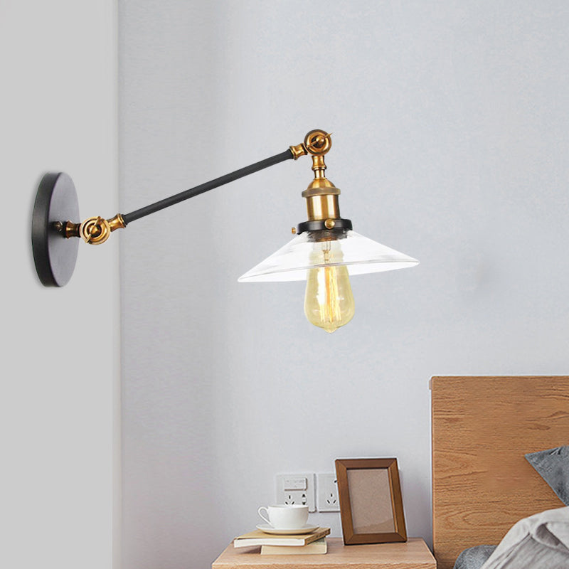BowLift | 1 Light Indoor Wall Lamp Vintage Black/Brass/Bronze Lighting Fixture with Cone Transparent Glass Shade, 8"/12" L Arm