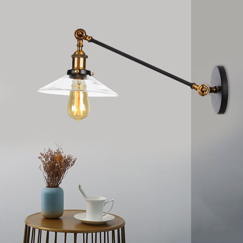 BowLift | 1 Light Indoor Wall Lamp Vintage Black/Brass/Bronze Lighting Fixture with Cone Transparent Glass Shade, 8"/12" L Arm