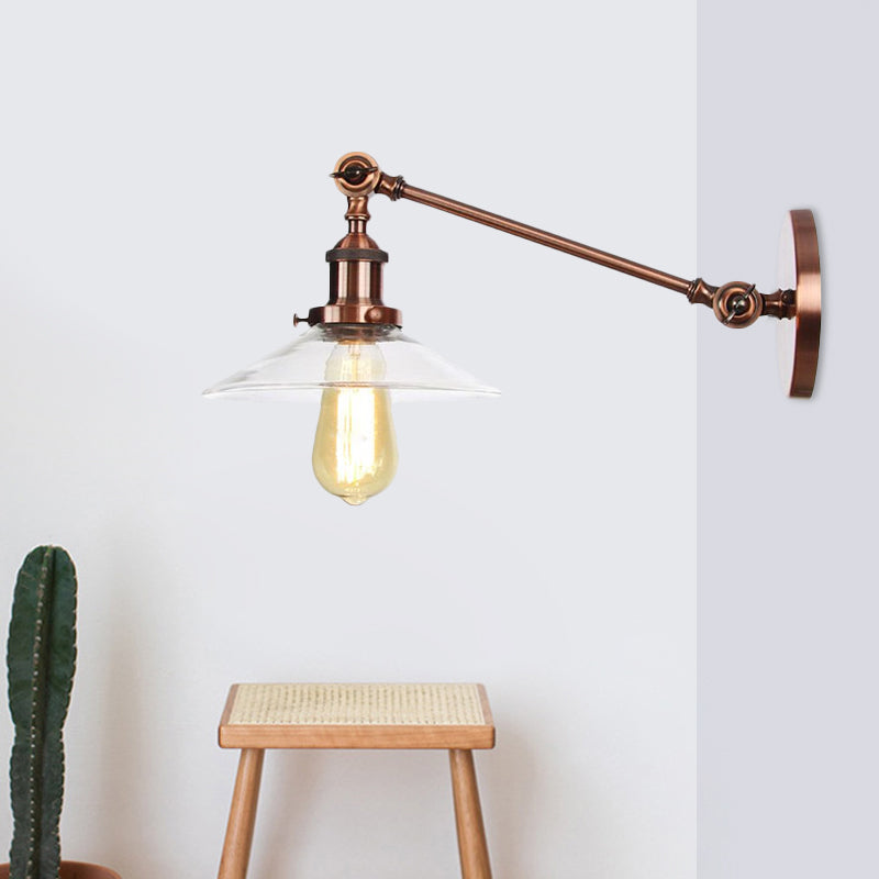 BowLift | 1 Light Indoor Wall Lamp Vintage Black/Brass/Bronze Lighting Fixture with Cone Transparent Glass Shade, 8"/12" L Arm