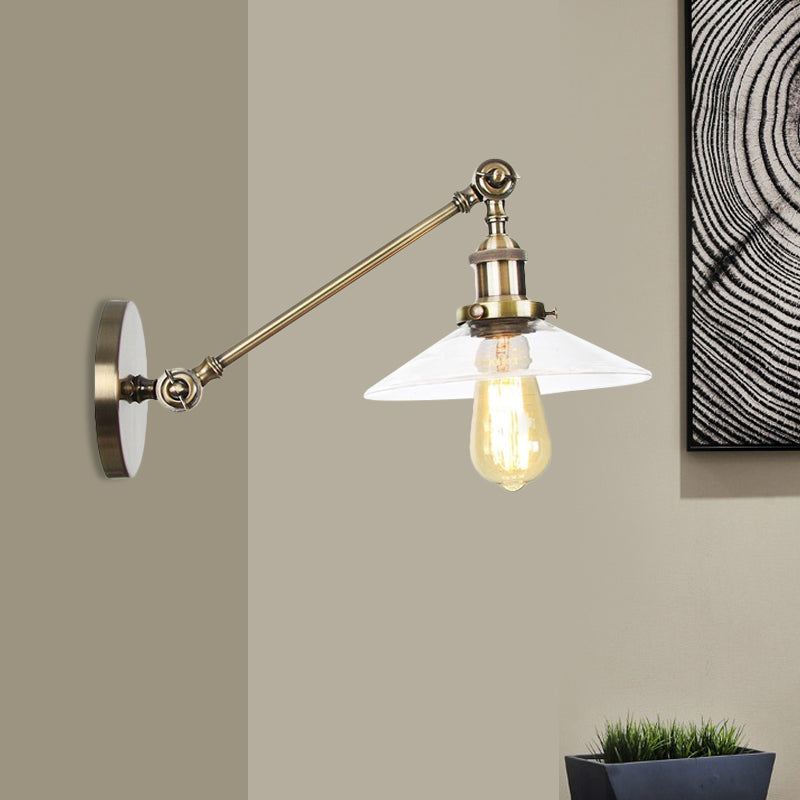 BowLift | 1 Light Indoor Wall Lamp Vintage Black/Brass/Bronze Lighting Fixture with Cone Transparent Glass Shade, 8"/12" L Arm