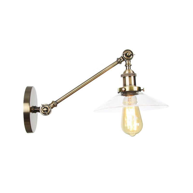 BowLift | 1 Light Indoor Wall Lamp Vintage Black/Brass/Bronze Lighting Fixture with Cone Transparent Glass Shade, 8"/12" L Arm